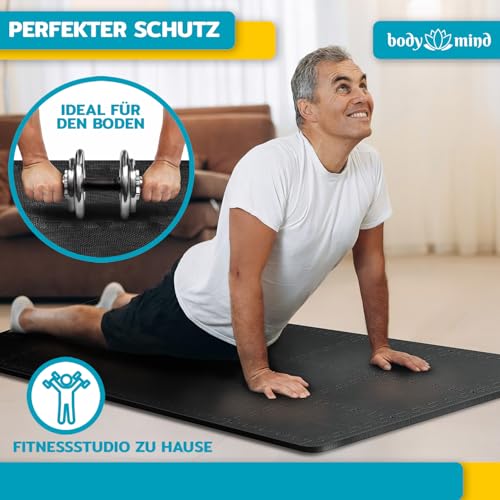 Boden-Schutzmatten XXL Set; Fitnessmatte Bodenschutz Puzzle-Matte; Unterlegmatte für Fitnessgeräte + GRATIS Anti-Rutschmatte; Trainingsmatte & Sport-Matte für Fitnessraum Keller Garage ca. 2m² Schwarz