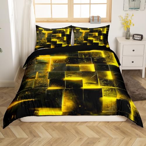Parure de lit géométrique 3D 135 x 200 cm – Housse de couette esthétique abstraite, noire et jaune, avec cubes futuristes brillants, grille néon (noir...