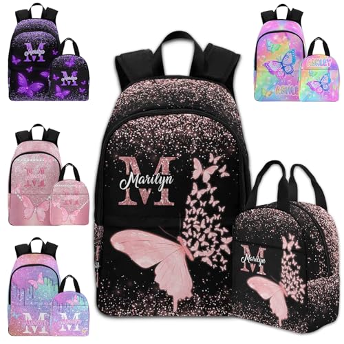Personalized Kids Schoolbag Backpack and Lunch Bag Sets with Name Multi Color Customized Backpack for Girls Custom Toddler School Bag for Travel, Work and School