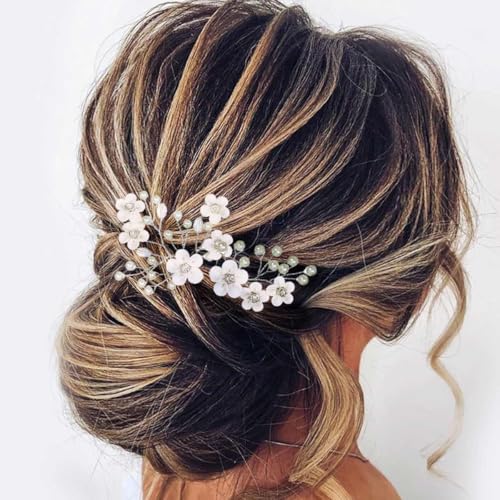 Fstrend Wedding Bridal Hair Pins Bride Flower Pieces Rhinestone Pearls Accessories Clip for Women and Girls
