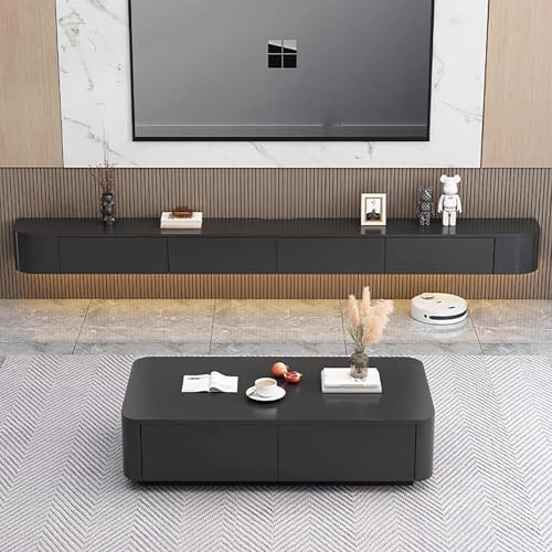 Image of Floating TV Stand Wall Mounted - Wall Entertainment Center with Flip-Down Doors & Drawers, Modern Hanging TV Shelf for Living Room, Media Console for 65 /75 80 Inch TVs (Black - B, 102.4 IN /260CM)