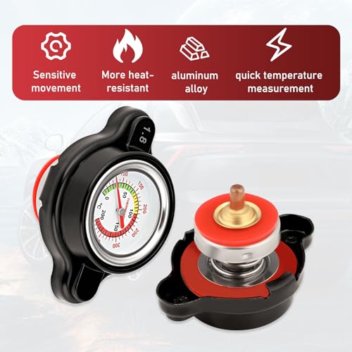 Jewkot 1 PC Car Fuel Tank Cap, 1.8 Bar Alloy Silicone Material Measure Temperature Maintain Water Level Balance Fuel Tank Cap, Safe Travel Accessory, Compatible with Cars, Off-road vehicles (Black)