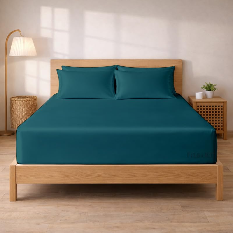 Image of Filbert - Premium Satin Fitted Bedsheet Single Bed (36x75 Inch) with 1 Pillow Cover | Hypoallergenic Breathable | Hair and Skin Friendly, Women Gift Choice|Teal