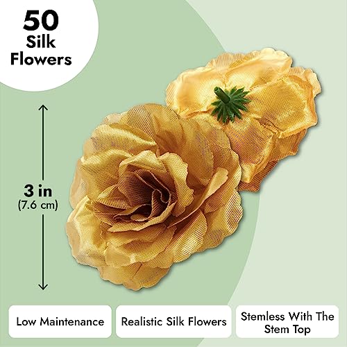 Image of Bright Creations Gold Flowers Artificial Roses - 50-Pack, 3 in, Stemless Silk Rose Heads for Home & Wedding Decor & Faux Bouquets & Floral Accents