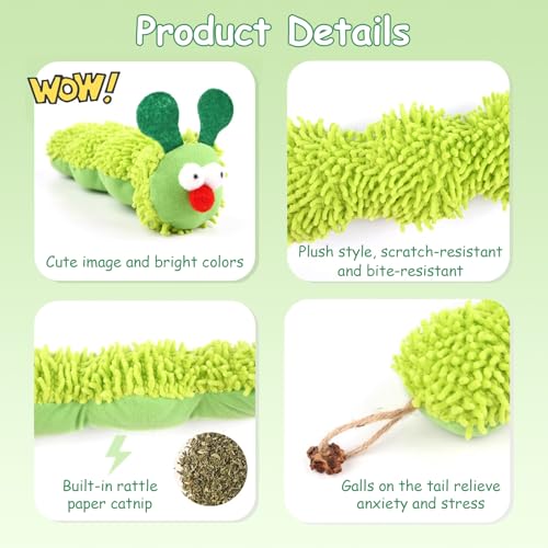 Miniatura 5 de Deegbbyi Juguetes De Hierba Gatera, Juguete Para Gatos De Oruga Con Hierba Para Gatos, Contiene Menta Gatera Y Papel Sonajero, Para Rascar, Masticar Y Comodidad 23 Cm, Verde