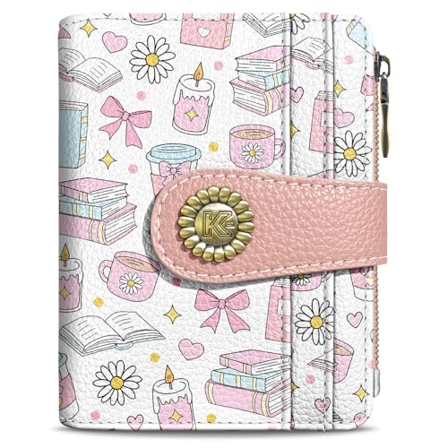 Image of Kelvoris Cute Book Lover Coffee Small Rfid Women Wallet Zipper Coin Pocket | Bifold PU Leather Compact Cash Credit Card Holder Travel Purse for Female Ladies Teen Girly Girls 1 ID Window 10 Card Slots