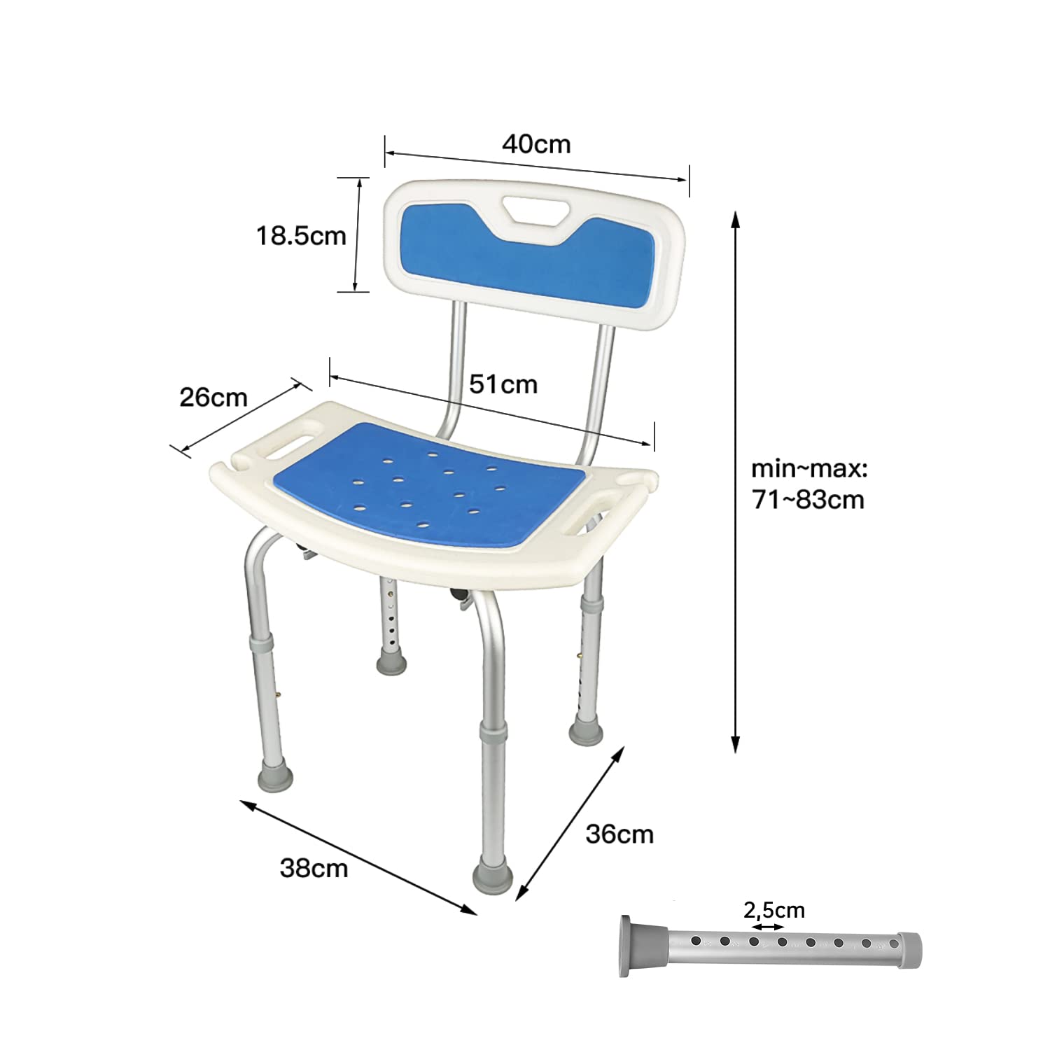 SHISHI Silla de Baño Antideslizantes, Taburete de Baño Mayores, Taburete de Ducha Altura Regulable, Aluminio y Plástico, Silla Ducha con Respaldo, Azul-Blanco C, 38×36×(70-83) cm