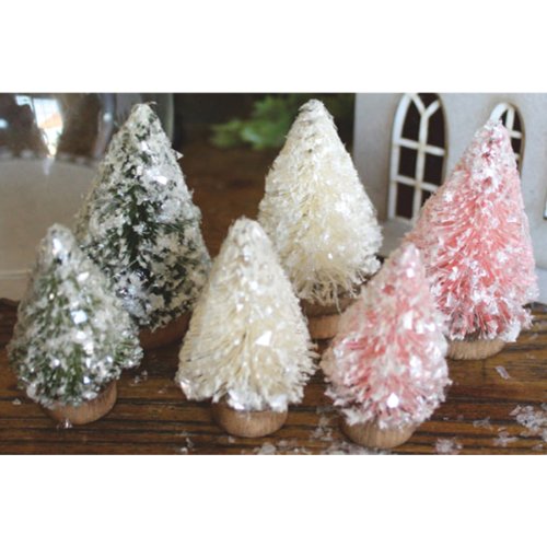 Melissa Frances 6-Pack Mini Bottle Brush Christmas Trees Cardstock, 1.25/0.75-Inch, Green/Pink/White