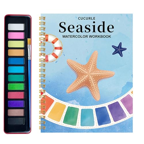 Watercolor Workbook for Adults & Beginners, Beginner-Friendly Painting Book with 12 Colors Paint, All-in-One Watercolor Kit for Creative Practice (Seaside-1)