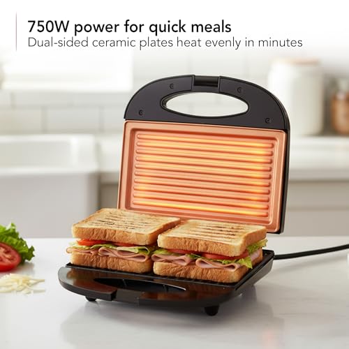 OVENTE Electric Panini Press Grill with Nonstick Plates, LED Indicator Lights, Thermostat Control, Compact Sandwich Maker Perfect for Cooking Breakfast, Steaks, Eggs Snacks & More, Copper GP0110CO