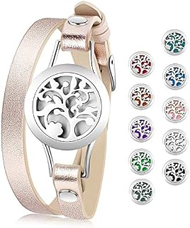 Cupimatch Essential Oil Diffuser Bracelet Wristband, Stainless Steel Aromatherapy Locket Bracelets Adjustable Leather Band with 10 Color Pads Jewelry Gift Set for Girls Women