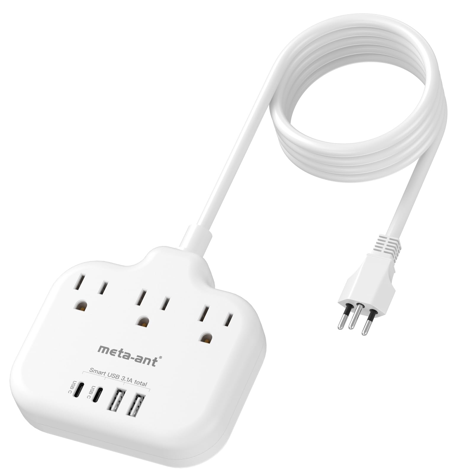 Brazil Power Adapter with 5FT Extension Cord, meta-ant US to Brazil Travel Plug with 3 American Outlets and 4 USB Charger Port(2 USB C), Type N Adaptor for USA to Brazilian Brazil, White