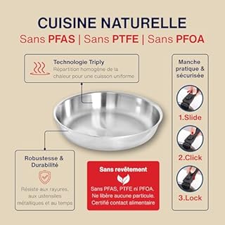 TeCuisine – Lot Coffret de 3 Poêles Inox 18/10 Triply – 20/24/28 cm – Avec Manche Amovible – Sans Revêtement – Sans PFAS, PFOA, PTFE – Compatible Tous Feux Dont Induction – Cuisson Saine et Durable