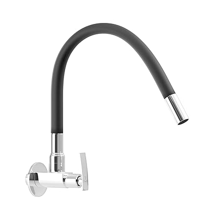 Pixaflo Brass Kitchen Sink Cock Tap with Black Flexible Silicone Swivel Spout, Black and Chrome, Foam Flow (Moonstone)