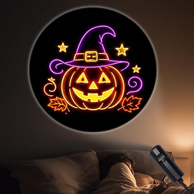 Portable Projector Lamp USB Powered Halloween Witch Hat Pumpkin Neon Stars Decor for Spooky Festive Party Ambiance