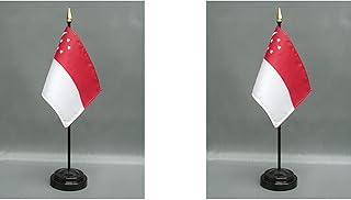 2 Singapore Desk Flag Set of Miniature Office Little Hand Waving Flags Includes 2 Stands and 2 Small Mini Country International Stick Flags (Singapore)