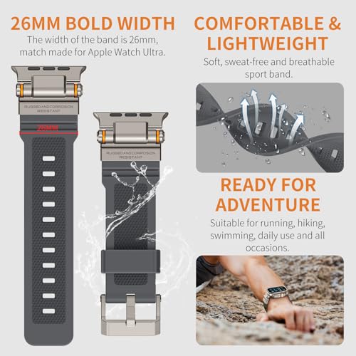 Image of FOAMUNOC Rugged Band Compatible with Apple Watch Ultra 3 /2 /1 Band 49mm /46mm /45mm /44mm /42mm, Metal Connector with Strap for iWatch Ultra Series 11 /10 /9 /8 /7 /6 /SE3 /SE2 /SE /5 /4 /3 /2 /1, Gray /Titanium