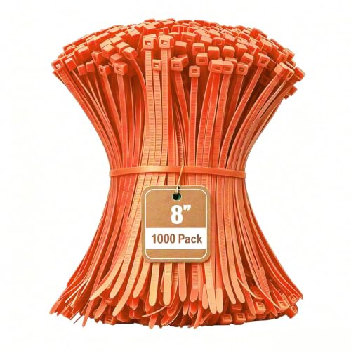 Armpow 8 Inch Orange Zip Tie 1000 PCS, 40 Lbs - Small to Medium Zip Tie, Nylon PA66 UV Resistant Cable Tie Heavy Duty for Indoor and Outdoor Use - Ideal for bundling and securing objects