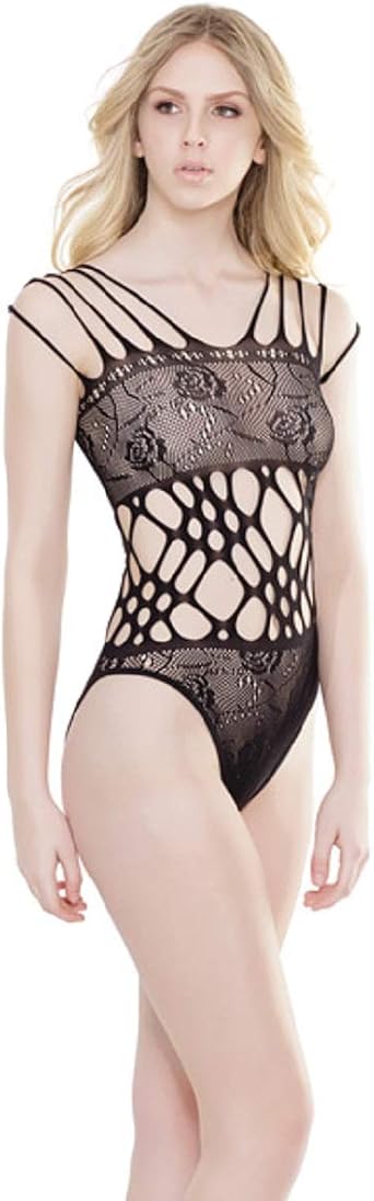 Coquette international Sleek Seamless Stretch Net Teddy W/Strappy Shoulders & Laser Cutouts Waist Black O/s