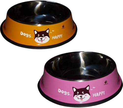 Stainless Steel Pet Bowl (2 L, Pink & Orange, Dog Design)