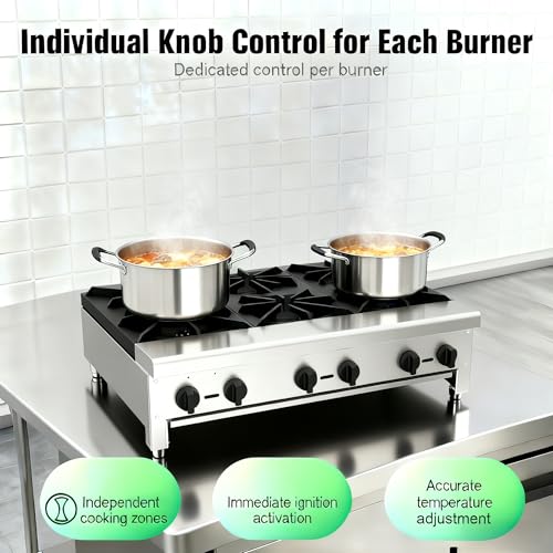 Image of Commercial Gas Stove with 6 Burners, Freestanding Propane and Countertop Natural Gas Range Stove, Stainless Steel Hot Plate, Commercial Cooking Equipment for Restaurant Kitchen, 168,000 BTU
