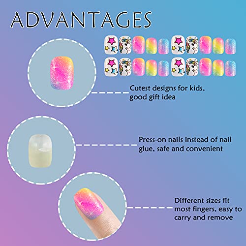 Laza 60pcs Children Nails Press On Pre-glue Full Cover Glitter Gradient Color Rainbow Sparkling Star Unicorn Shell Short False Nail Kits for Kids Teenager Girls - Rainbow Unicorn - Thumbnail 4