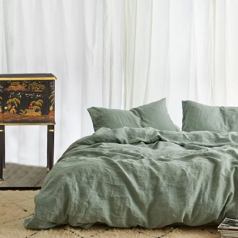 The Tangerine Store 3-Piece Linen Cotton Mix Duvet Cover Set (104x100 in) - Sage Green California King Duvet Cover Set with Standard Shams - Pre-Washed, Handmade - Chic Home Decor-image-11