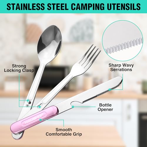 HAUSHOF-4-in-1-Camping-Utensils-2-Pack-Detachable-Stainless-Steel-Spoon-Fork-Knife-Bottle-Opener-Backpacking-Cutlery-for-Traveling-Hiking-Picnic-Barbecue-Outdoor-Flatware-with-Carrying-Bag