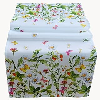 Raebel Table Runner 40 x 140 cm Table Cloth Table Topper Easter Table Decoration Spring White Colourful Flowers and Butterflies