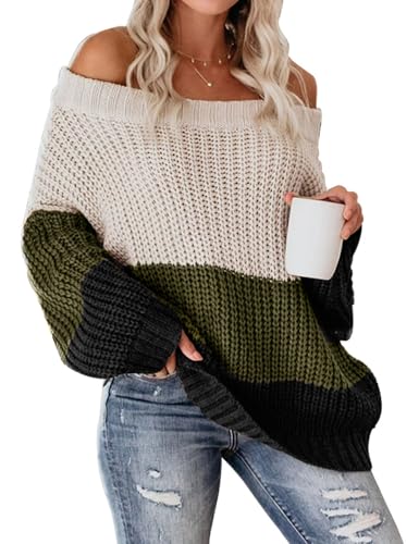 Image of VIMPUNEC Womens Off Shoulder Color Block Sweater Oversized Pullover Top
