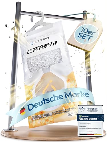 PEARWAY 10x XL 500ml Luftentfeuchter Beutel zum Aufhängen gegen Feuchtigkeit Schimmel und Gerüche im Kleiderschrank und an feuchten Fenstern - Schrankentfeuchter zum Hängen