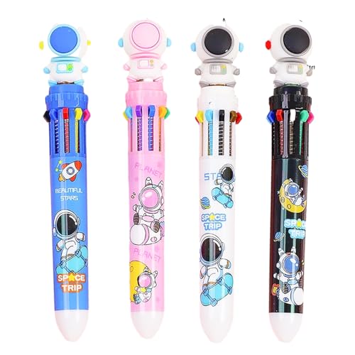 Valicaer 4 Pezzi Penna a Sfera Retrattile Multicolore,10 in 1 Penne Colorate a Sfera,Cartone Animato Astronauti Penna a Sfera,Pennarelli Multifunzionali per Ufficio,Casa,Scuola,Studenti,Bambini