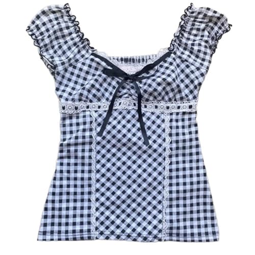 Women Y2K Summer Tops Short Sleeve Lace Up V Neck Shirt Fairy Grunge Vinatge E-Girls Aesthetic Tops