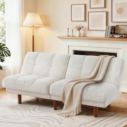 Marsail 65 Futon Sofa Bed Convertible Small Recliner Sleeper Sofa Bed with Adjustable Backrest Corduroy Loveseat Futon Couch for Small Apartments Living Room Office Guest Room (White)