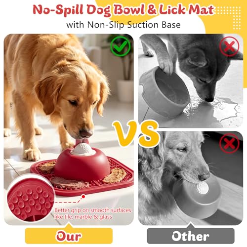 Image of Slow Feeder Dog Bowls & Lick Mat for Liquid and Thick Treat, Anti-Slip Dog Lick Bowl with Interactive Rolling Ball, 5 /6 Cup Pup Licking Toy for Large Medium Small Dogs and Cats Red