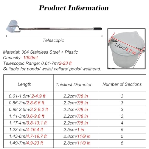 Barra de recogida de muestras de agua de metal extralargo, kit telescópico de muestras de agua con vaso de plástico graduado de 1000 ml, vasos de muestra de agua para aguas residuales, lagos, ríos