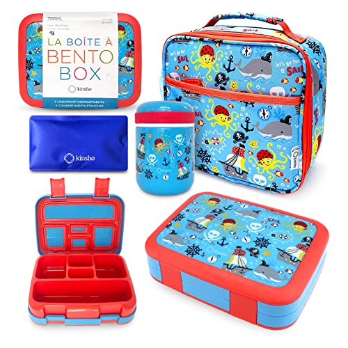 Bento Box with Thermo and Insulated Lunch Bag Set for Kids Boys Toddlers, 5 Compartment Lunch-box with Ice Pack and Utensil, For Hot and Cold Food, Soup, Blue Pirates