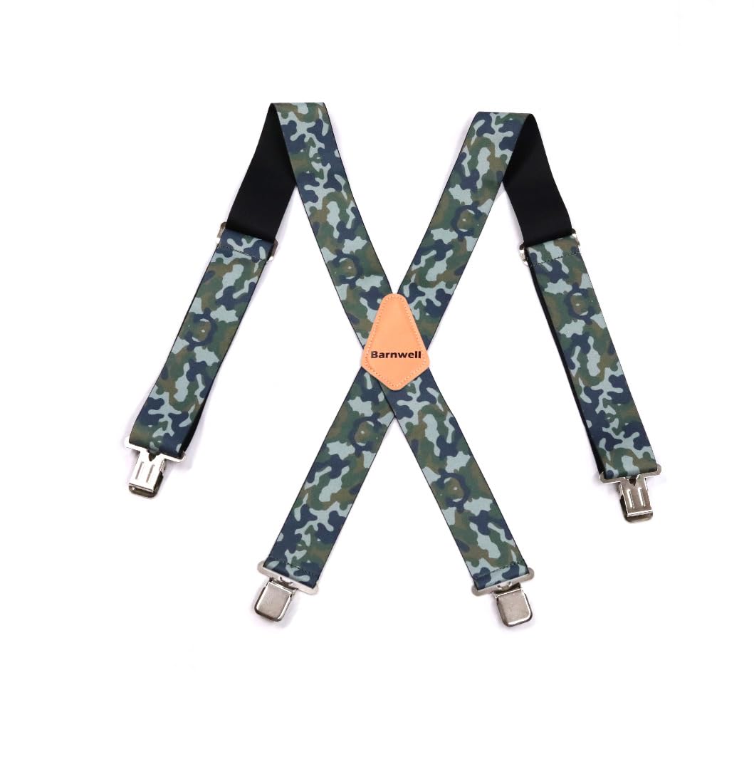 Barnwell Unisex Green Camo Camouflage Trouser Braces Suspenders Heavy Duty Metal Clips 50Mm Wide Adjustable Elastic Work Camping