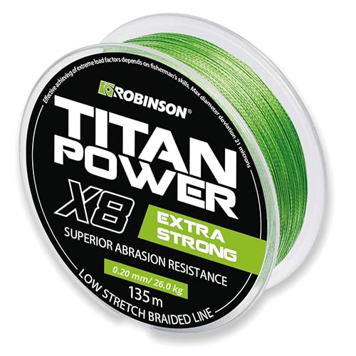 Robinson Geflochtene Angelschnur X8 - Angelschnur geflochten, 0,20mm - Tragkraft bis 26kg, 135m, ideal zum Spinnfischen - Titan Power GRÜN