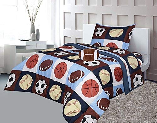 Golden Linens Twin Size 3 Pieces Printed Navy Blue, Sky Blue, Brown, Orange Kids Sports Basketball Football Baseball Comforter/Coverlet Set with Decorative Cushion Toy Pillow # 02-3Pcs