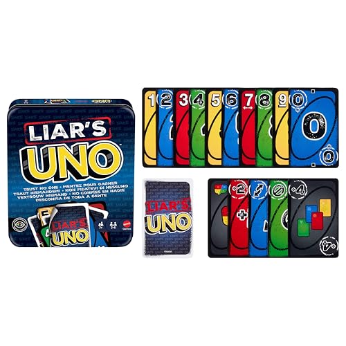 Mattel Games UNO Liar’s Jeu de cartes dans une boîte de voyage, jeu pour adultes, enfants, familles, fêtes et soirées jeux, bluffez et rusez pour vous battre vos adversaires, JLH68