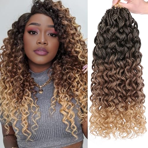 Leeven Gogo Curl Crochet Hair 18 Inch 8 Packs Ombre Brown to Honey Blonde Ocean Wave Crochet Hair Pre Looped Deep Twist Goddess Box Braids Short Curly Water Wave Synthetic Hair for Women Girl Kids
