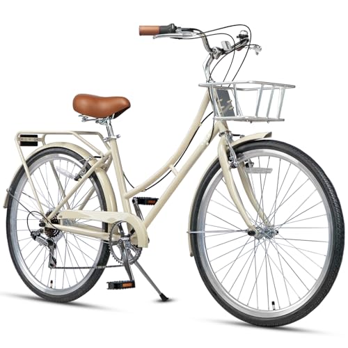 AVASTA 26 Inch Hybrid Bike, Lightweight Step-Through High Tensile Steel Frame for City Commuting, 6 Speed Comfort Bicycle with Metal Basket in Elegant Beige with Stylish Black Tires for Woman Female