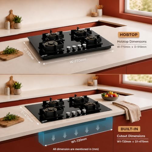 Image of Glen 70 CM 4 Burner Gas Built-in Hob with 2 Triple Ring Forged Brass Burners | Auto Ignition | Toughened Black Glass Top | 2 Years Standard & 5 Years Warranty | BH1074DFHT2TR77