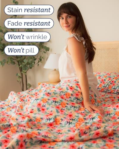 Image of Twin 3 Piece Floral Sheet Set - Breathable & Cooling - Sunset Hibiscus | 1 Flat, 1 Fitted & 1 Pillowcase w / Deep Pockets, Boho Botanical Floral Bedding, Breathable & Cooling, Wrinkle & Fade Free