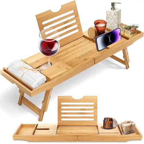 SereneLife Combo Plateau Baignoire/Petit-Déjeuner - Plateau Salle de Bain en Bois de Bambou Naturel Imperméable pour Baignoire et Lit avec Bras Pliables...