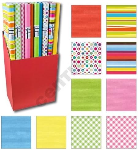 Set of 10 rolls, stripe, dot, circle wave Patterned plain coloured Wrapping Paper 200 x 70 CM Various Designs