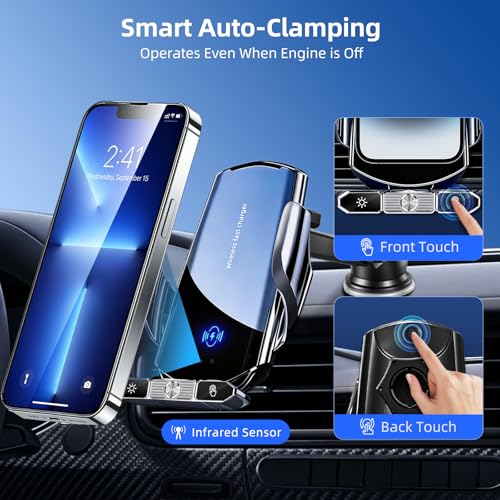 Image of Car Phone Holder,Car Mount Charger,15W Wireless Charging & 10W Magnetic Charging(3 Connectors),Auto-Clamping Hands Free,Suction Cup Mount for Windshield,Mirror & Screen,Car Accessories & Gift