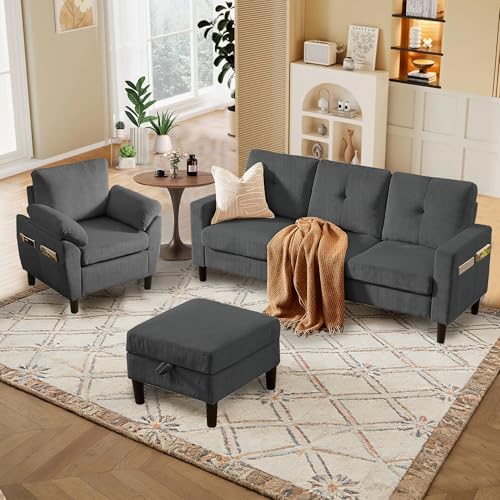Image of 3 Pieces Sofa Set for Living Room with Sofa, Storage Ottoman and Single Chair