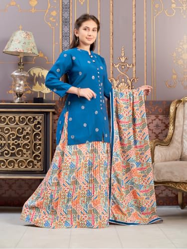 Aarika Girls Ethnic Wear Teal-Multi Colour Sequin Embroidery Silk Kurti Skirt Set -(8-15 Years)-(Sk-Tr-K-1013)